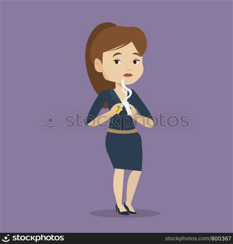 Caucasian woman breaking the cigarette. Young woman crushing cigarette. Sad woman holding broken cigarette. Quit smoking concept. Vector flat design illustration. Square layout.. Young woman quitting smoking vector illustration.