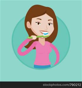 Caucasian woman brushing her teeth. Smiling woman cleaning teeth. Girl taking care of her teeth. Woman with toothbrush in hand. Vector flat design illustration in the circle isolated on background.. Woman brushing her teeth vector illustration.
