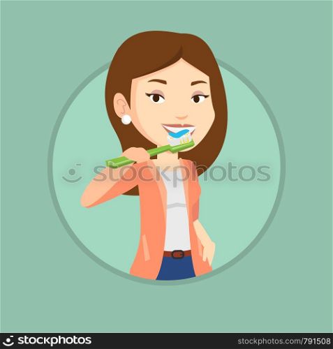 Caucasian woman brushing teeth. Woman cleaning teeth. Cheerful woman taking care of her teeth. Happy girl with toothbrush in hand. Vector flat design illustration in the circle isolated on background.. Woman brushing her teeth vector illustration.