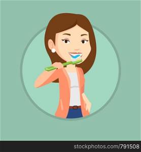 Caucasian woman brushing teeth. Woman cleaning teeth. Cheerful woman taking care of her teeth. Happy girl with toothbrush in hand. Vector flat design illustration in the circle isolated on background.. Woman brushing her teeth vector illustration.