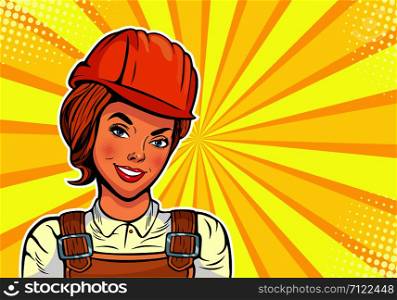 Caucasian woman Builder in uniform and helmet. Cartoon comic vector illustration in pop art retro style.