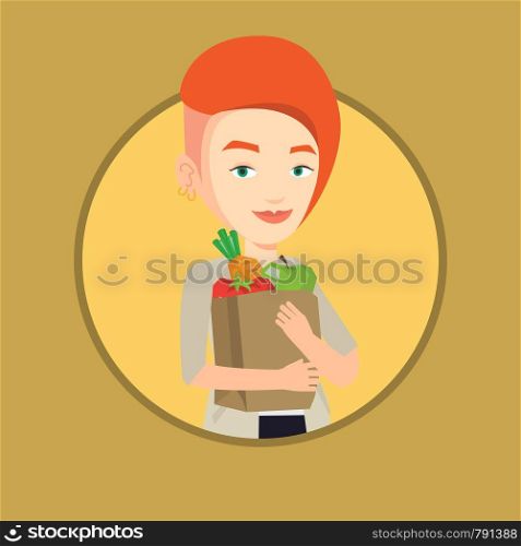 Caucasian woman carrying grocery shopping bag with healthy vegetables. Young woman holding grocery shopping bag with healthy food. Vector flat design illustration in the circle isolated on background.. Happy woman holding grocery shopping bag.