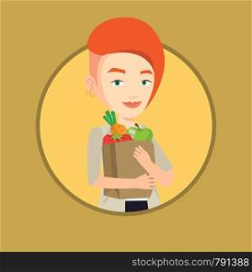 Caucasian woman carrying grocery shopping bag with healthy vegetables. Young woman holding grocery shopping bag with healthy food. Vector flat design illustration in the circle isolated on background.. Happy woman holding grocery shopping bag.