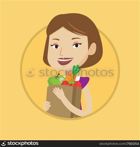 Caucasian woman carrying grocery shopping bag with vegetables. Young woman holding grocery shopping bag with healthy food. Vector flat design illustration in the circle isolated on background.. Happy woman holding grocery shopping bag.