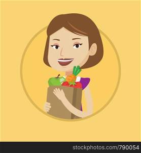 Caucasian woman carrying grocery shopping bag with vegetables. Young woman holding grocery shopping bag with healthy food. Vector flat design illustration in the circle isolated on background.. Happy woman holding grocery shopping bag.
