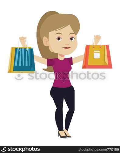 Caucasian woman carrying shopping bags. Woman holding shopping bags. Girl standing with a lot of shopping bags. Girl showing her purchases. Vector flat design illustration isolated on white background. Happy woman holding shopping bags.
