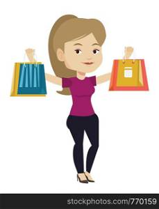 Caucasian woman carrying shopping bags. Woman holding shopping bags. Girl standing with a lot of shopping bags. Girl showing her purchases. Vector flat design illustration isolated on white background. Happy woman holding shopping bags.
