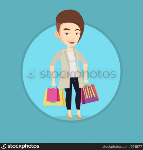 Caucasian woman carrying shopping bags. Young smiling woman holding shopping bags. Woman standing with a lot of shopping bags. Vector flat design illustration in the circle isolated on background.. Happy woman with shopping bags vector illustration