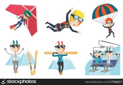 Caucasian woman carrying skis. Sportswoman standing with skis on her shoulders. Skiers using cableway in mountains at ski resort. Set of vector flat design illustrations isolated on white background.. Vector set of sport characters.