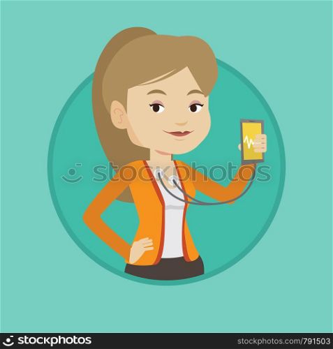 Caucasian woman checking her blood pressure with smartphone application. Woman measuring heart rate pulse with smartphone app. Vector flat design illustration in the circle isolated on background.. Woman measuring heart rate pulse with smartphone.