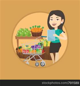 Caucasian woman checking shopping list. Woman holding shopping list near trolley with products. Woman writing in shopping list. Vector flat design illustration in the circle isolated on background.. Woman with shopping list vector illustration.