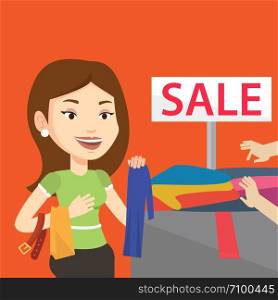Caucasian woman choosing clothes in shop on sale. Happy female customer buying clothes at store on sale. Young girl shopping in clothes shop on sale. Vector flat design illustration. Square layout.. Young woman choosing clothes in shop on sale.