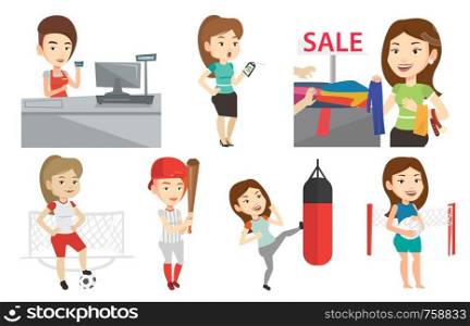 Caucasian woman choosing clothes in shop on sale. Woman buying clothes at store on sale. Woman shopping in clothes shop on sale. Set of vector flat design illustrations isolated on white background.. Vector set of shopping people and sportswomen.
