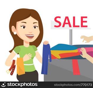 Caucasian woman choosing clothes in shop on sale. Woman buying clothes at store on sale. Young girl shopping in clothes shop on sale. Vector flat design illustration isolated on white background.. Young woman choosing clothes in shop on sale.