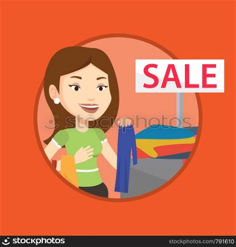 Caucasian woman choosing clothes in shop on sale. Woman buying clothes at store on sale. Woman shopping in clothes shop on sale. Vector flat design illustration in the circle isolated on background.. Young woman choosing clothes in shop on sale.