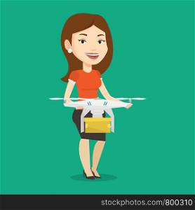 Caucasian woman controlling delivery drone with post package. Woman getting post package from delivery drone. Woman sending parcel with delivery drone. Vector flat design illustration. Square layout.. Woman controlling delivery drone with post package