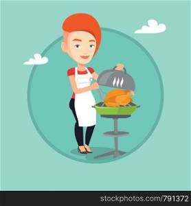 Caucasian woman cooking chicken on barbecue grill outdoors. Woman having a barbecue party. Woman preparing chicken on barbecue grill. Vector flat design illustration in circle isolated on background.. Woman cooking chicken on barbecue grill.