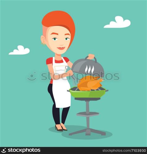 Caucasian woman cooking chicken on barbecue grill outdoors. Young smiling woman having a barbecue party. Woman preparing chicken on barbecue grill. Vector flat design illustration. Square layout.. Woman cooking chicken on barbecue grill.