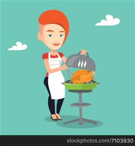 Caucasian woman cooking chicken on barbecue grill outdoors. Young smiling woman having a barbecue party. Woman preparing chicken on barbecue grill. Vector flat design illustration. Square layout.. Woman cooking chicken on barbecue grill.