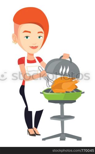 Caucasian woman cooking chicken on barbecue grill outdoors. Young woman having a barbecue party. Woman preparing chicken on barbecue grill. Vector flat design illustration isolated on white background. Woman cooking chicken on barbecue grill.