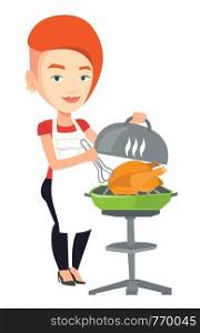 Caucasian woman cooking chicken on barbecue grill outdoors. Young woman having a barbecue party. Woman preparing chicken on barbecue grill. Vector flat design illustration isolated on white background. Woman cooking chicken on barbecue grill.