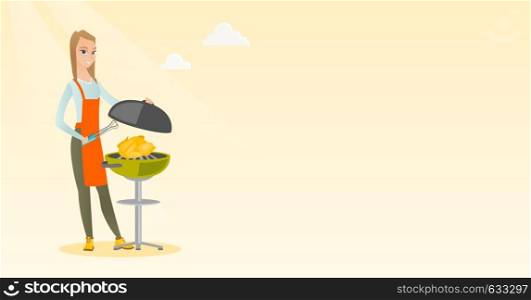 Caucasian woman cooking chicken on the barbecue grill outdoors. Young woman at a barbecue party. Woman preparing chicken on the barbecue grill. Vector flat design illustration. Horizontal layout.. Woman cooking chicken on barbecue grill.