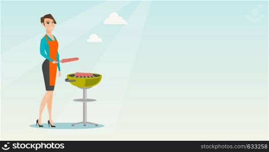 Caucasian woman cooking steak on the barbecue grill. Young woman preparing steak on the barbecue grill. Cheerful woman having outdoor barbecue. Vector flat design illustration. Horizontal layout.. Woman cooking steak on barbecue grill.