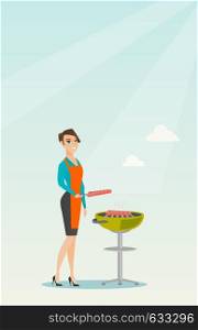 Caucasian woman cooking steak on the barbecue grill. Young smiling woman preparing steak on the barbecue grill. Cheerful woman having outdoor barbecue. Vector flat design illustration. Vertical layout. Woman cooking steak on barbecue grill.