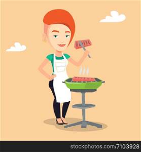 Caucasian woman cooking steak on the barbecue grill. Young smiling woman preparing steak on the barbecue grill. Woman having outdoor barbecue. Vector flat design illustration. Square layout.. Woman cooking steak on barbecue grill.