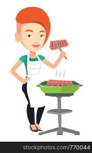 Caucasian woman cooking steak on the barbecue grill. Young woman preparing steak on the barbecue grill. Woman having outdoor barbecue. Vector flat design illustration isolated on white background.. Woman cooking steak on barbecue grill.