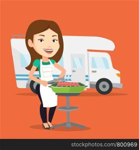Caucasian woman cooking steak on the barbecue grill on the background of camper van. Young woman travelling by camper van and having barbecue party. Vector flat design illustration. Square layout.. Woman having barbecue in front of camper van.