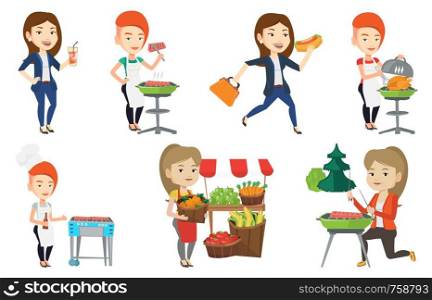Caucasian woman cooking steak on the barbecue grill. Woman preparing steak on the barbecue grill. Woman having outdoor barbecue. Set of vector flat design illustrations isolated on white background.. Vector set of people eating and drinking.