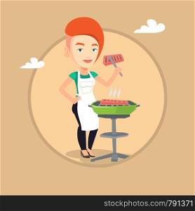 Caucasian woman cooking steak on the barbecue grill. Woman preparing steak on the barbecue grill. Woman having outdoor barbecue. Vector flat design illustration in the circle isolated on background.. Woman cooking steak on barbecue grill.
