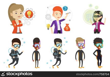 Caucasian woman diving with scuba and showing ok sign. Woman in diving suit snorkeling and giving thumb up. Diver in diving suit. Set of vector flat design illustrations isolated on white background.. Vector set with people traveling.