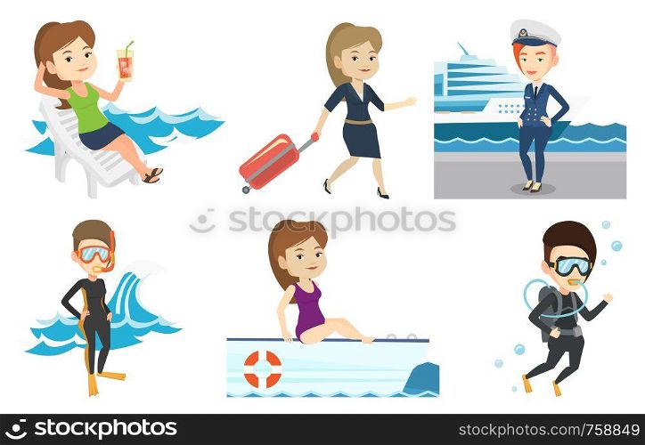 Caucasian woman diving with scuba and showing ok sign. Woman in diving suit snorkeling and giving thumb up. Woman enjoying the dive Set of vector flat design illustrations isolated on white background. Vector set of traveling people.