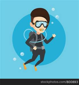 Caucasian woman diving with scuba and showing ok sign. Young woman in diving suit snorkeling and giving thumb up. Woman enjoying the dive. Vector flat design illustration. Square layout.. Woman diving with scuba and showing ok sign.