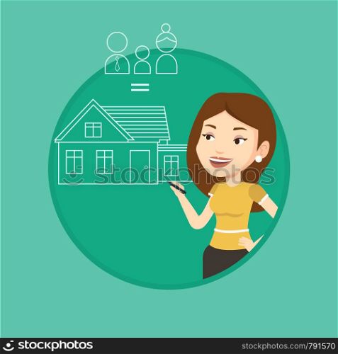 Caucasian woman drawing family house. Woman drawing a house with a family. Woman dreaming about future life in a new family house. Vector flat design illustration in the circle isolated on background.. Young woman drawing her family house.