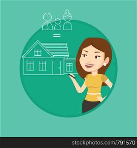 Caucasian woman drawing family house. Woman drawing a house with a family. Woman dreaming about future life in a new family house. Vector flat design illustration in the circle isolated on background.. Young woman drawing her family house.
