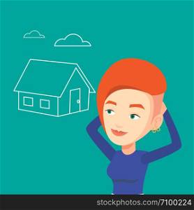 Caucasian woman dreaming about future life in a new house. Smiling woman planning her future purchase of house. Woman thinking about buying a house. Vector flat design illustration. Square layout.. Woman dreaming about buying new house.