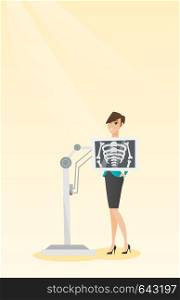 Caucasian woman during chest x ray procedure. Smiling woman with a x ray screen showing skeleton. Happy female patient visiting a roentgenologist. Vector flat design illustration. Vertical layout.. Patient during x ray procedure vector illustration