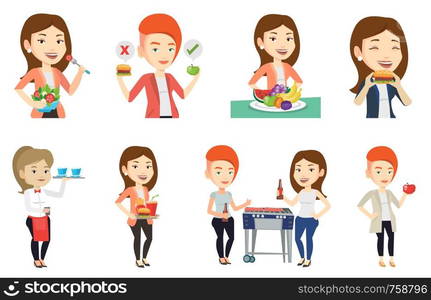 Caucasian woman eating hamburger. Happy woman with eyes closed biting hamburger. Young woman is about to eat delicious hamburger. Set of vector flat design illustrations isolated on white background.. Vector set of people eating and drinking.