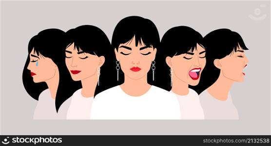 Caucasian woman emotions. Girls expressions profile image, lady angry shocked sad pleased screaming faces, women expreation feelings portrait vector illustration isolated. Caucasian woman emotions. Girls expressions profile image, lady angry shocked sad pleased screaming faces, women expreation feelings portrait vector illustration
