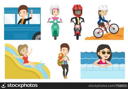 Caucasian woman enjoying her trip by bus. Passenger waving hand from bus window. Woman peeking out of bus window and waving hand. Set of vector flat design illustrations isolated on white background.. Transportation vector set with people traveling.