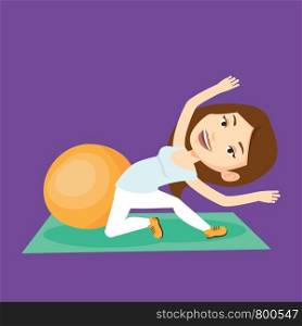 Caucasian woman exercising in the gym. Woman doing stretching on exercise mat. Sportswoman stretching before training. Woman doing stretching exercises. Vector flat design illustration. Square layout. Young woman exercising with fitball.