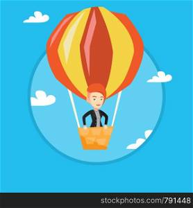 Caucasian woman flying in a hot air balloon. Woman standing in the basket of hot air balloon. Woman traveling in hot air balloon. Vector flat design illustration in the circle isolated on background.. Young woman flying in hot air balloon.