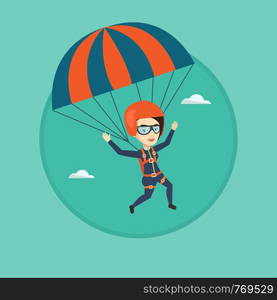 Caucasian woman flying with a parachute. Woman paragliding on a parachute. Professional parachutist descending with a parachute. Vector flat design illustration in the circle isolated on background.. Young happy woman flying with parachute.