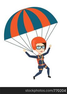 Caucasian woman flying with a parachute. Young woman paragliding on a parachute. Professional parachutist descending with a parachute. Vector flat design illustration isolated on white background.. Young happy woman flying with parachute.