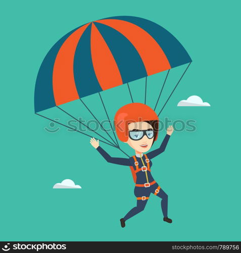 Caucasian woman flying with a parachute. Young woman paragliding on a parachute. Professional parachutist descending with a parachute in a blue sky. Vector flat design illustration. Square layout.. Young happy woman flying with parachute.
