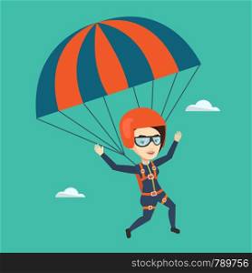 Caucasian woman flying with a parachute. Young woman paragliding on a parachute. Professional parachutist descending with a parachute in a blue sky. Vector flat design illustration. Square layout.. Young happy woman flying with parachute.