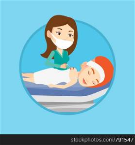Caucasian woman getting acupuncture treatment. Acupuncturist doctor performing acupuncture therapy on back of a customer in salon. Vector flat design illustration in the circle isolated on background.. Acupuncturist doctor making acupuncture therapy.
